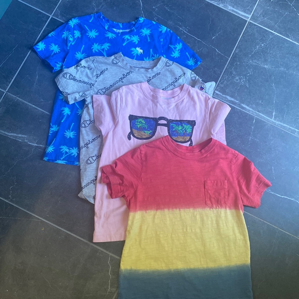 Lot of 4 boys’ tshirts: Hanna Andersson, Abercrombie, Champion. Size M